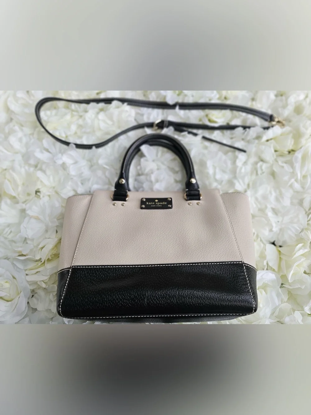 Kate Spade New York Two Tone Leather Satchel Crossbody Bag Beige Black